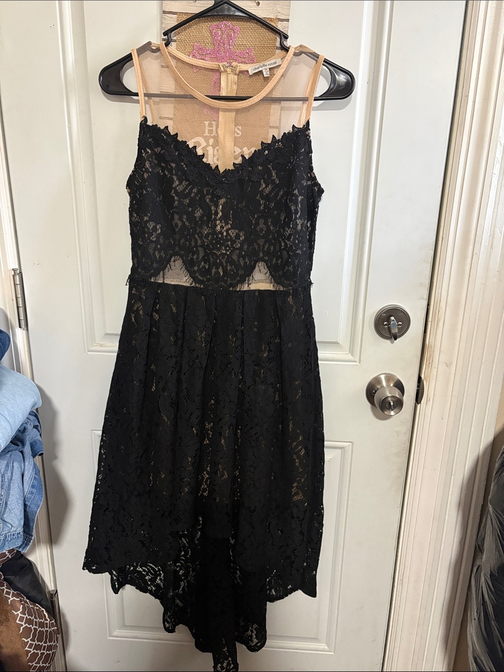 Charlotte Russe Black Lace High-Low Dress with Nude Illusion Yoke